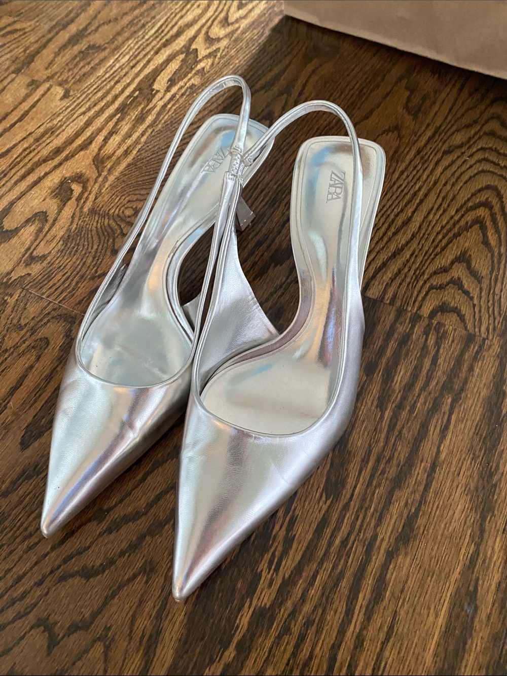 ZARA Metallic Silver Pointed Slingback Heels